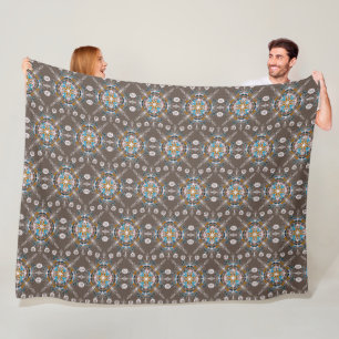 Boho-Mandala handgezeichnet in Blau-Braun Bunt Fleecedecke