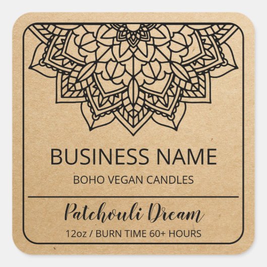 Boho Mandala Kraft Soy Candle Product Labels Quadratischer Aufkleber (Vorderseite)