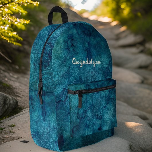 Boho Mandala Marled Aquamarin Blue Green Monogram Bedruckter Rucksack
