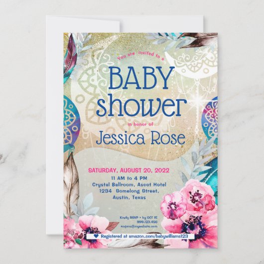 Boho Mandala Moon Kinderdusche Einladung (Vorderseite)