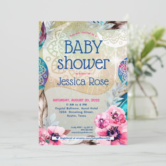 Boho Mandala Moon Kinderdusche Einladung (Stehend Vorderseite)