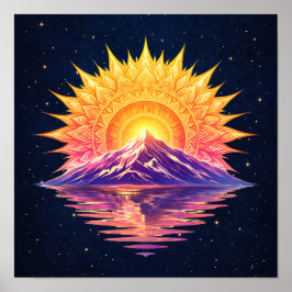 Boho Mandala Mountain Sunset | Cosmic Night Sky Poster