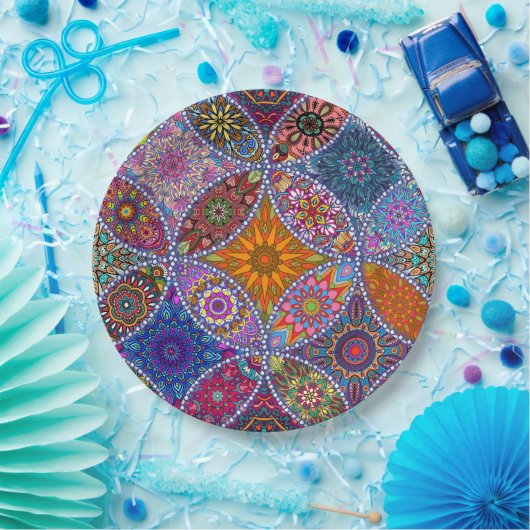 Boho Mandala Muster farbenfrohe Hippie Retro Vinta Pappteller (Party)