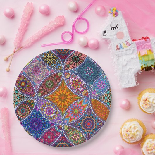 Boho Mandala Muster farbenfrohe Hippie Retro Vinta Pappteller (Party)