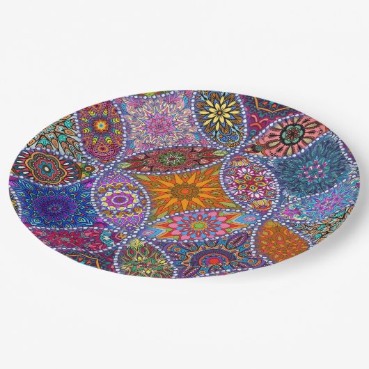 Boho Mandala Muster farbenfrohe Hippie Retro Vinta Pappteller (Schrägansicht)