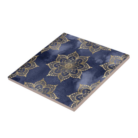 Boho Mandala Muster Gold Navy Blue Ink Textur Fliese (Seite)