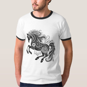 Boho-Mandala-Pferd Verzierte Florale Linienkunst-D T-Shirt