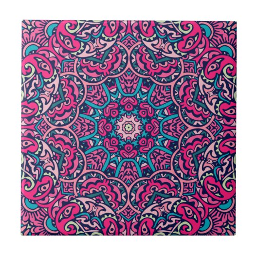 Boho Mandala, rosa, Aquamarin und weltoffen Fliese (Vorderseite)
