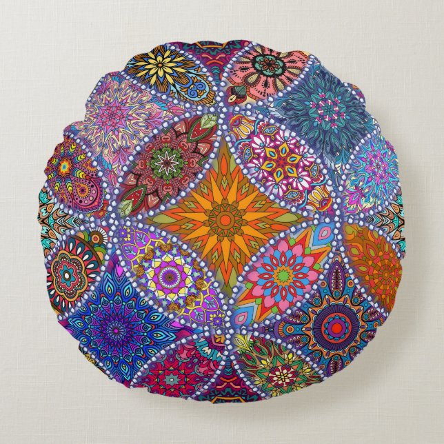 Boho Mandala-Steppdecken-Musterbunte Hippie-Art Rundes Kissen (Vorderseite)
