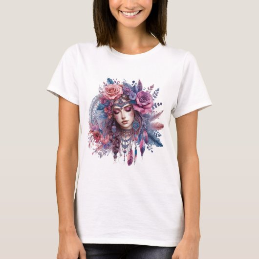 Boho Mandala T-Shirt – Floral Feathers  (Vorderseite)