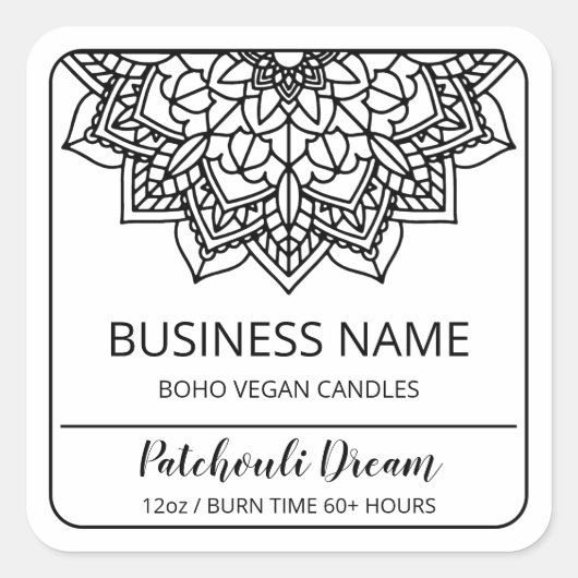 Boho Mandala White Soy Candle Labels Quadratischer Aufkleber (Vorderseite)