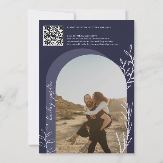 Boho Marine Blue Foto Namen Drehbuch Bogen Hochzei Einladung (Rückseite)