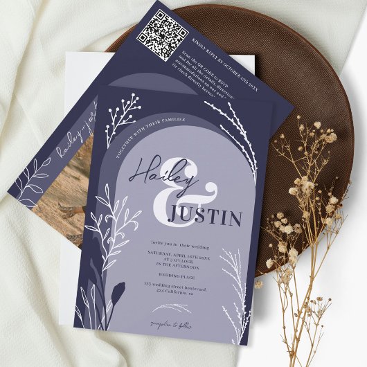 Boho Marine Blue Foto Namen Drehbuch Bogen Hochzei Einladung