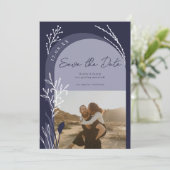 Boho Marine Blue Foto Namen Drehbuch Bogen Hochzei Save The Date (Stehend Vorderseite)