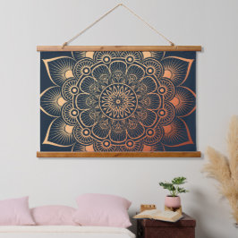 Boho Marine Blue Peach Mandala Wood Topped Wandteppich Mit Holzrahmen
