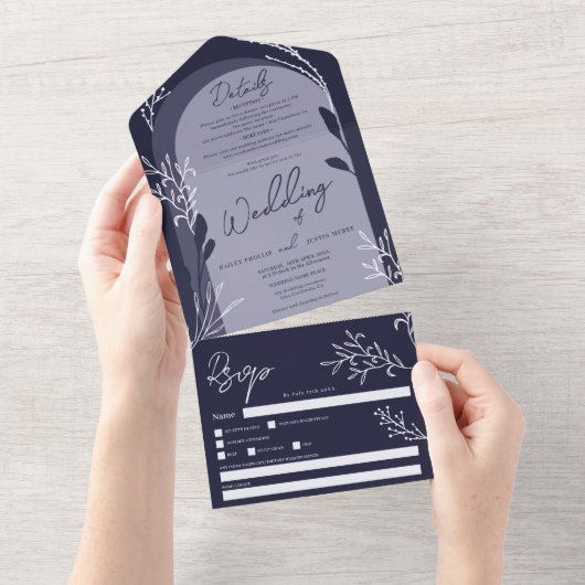 Boho Marinebräu Foto Blütenmarsch Hochzeit All In One Einladung (Abreißen)