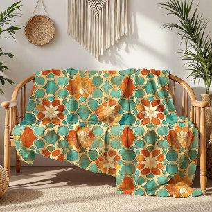 Boho-Marokkanisch Türkis und Terrakotta-Blumenmust Fleecedecke