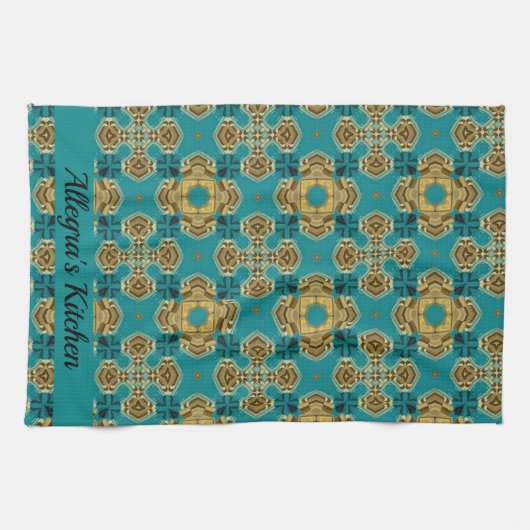 Boho marokkanische Tile Blue und Gold Geschirrtuch (Horizontal)