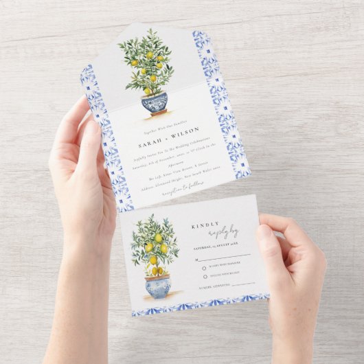 Boho marokkanische Wasserfarbe Gelbe Zitronenbaum  All In One Einladung (Abreißen)