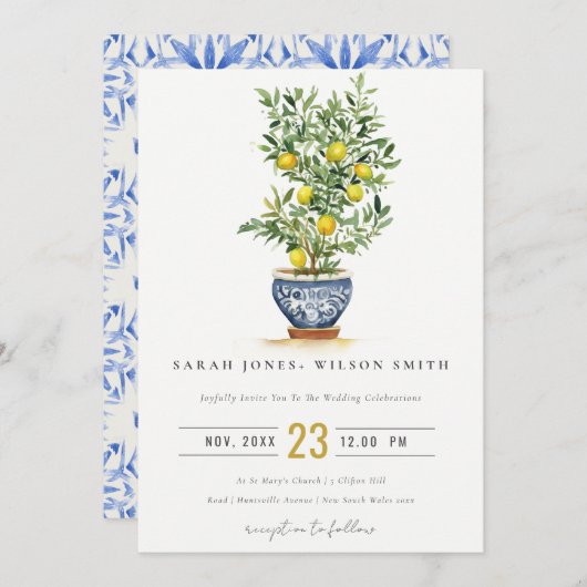 Boho marokkanische Wasserfarbe Gelbe Zitronenbaum Einladung (Vorne/Hinten)