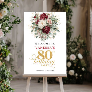 Boho Marone Blumen 80. Geburtstags Willkommenspost Poster