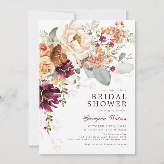 Boho Maroon Burnt Orange Floral Brautparty Einladung (Vorderseite)