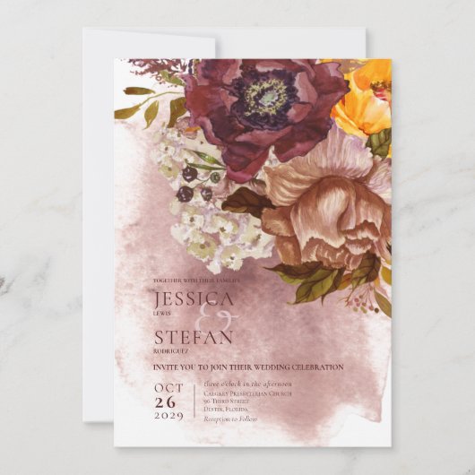 Boho Marsala Clay & Yellow Bouquet Wedding Einladung (Vorderseite)