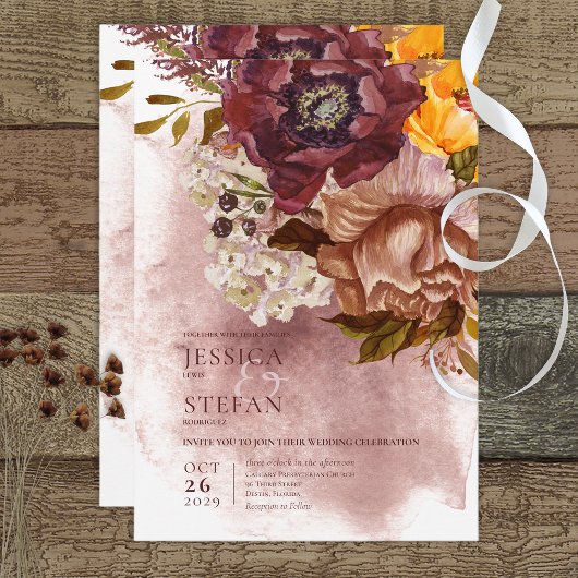 Boho Marsala Clay & Yellow Bouquet Wedding Einladung