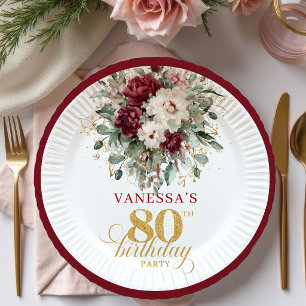 Boho Marsala Floral 80. Geburtstag Papier-Teller Pappteller