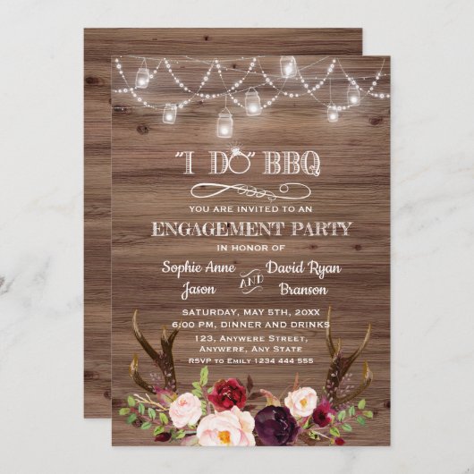 Boho Marsala Floral Antlers I DO GRILLEN Verlobung Einladung (Vorne/Hinten)