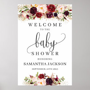 Boho marsala florale Babydusche Begrüßungszeichen Poster