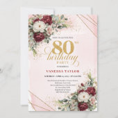 Boho Marsala Flowers Eucalyptus 80th Birthday Einladung (Vorderseite)