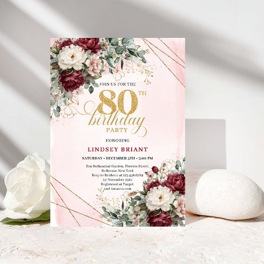 Boho Marsala Flowers Eucalyptus 80th Birthday Einladung