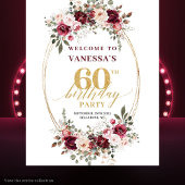 Boho Marsala Gold Floral Burgundy 60th Birthday Wandteppich