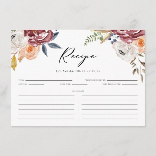 Boho Marsala Herbst Blume Brautparty Rezept Begleitkarte (Vorderseite)