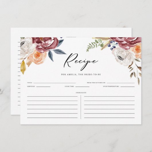 Boho Marsala Herbst Blume Brautparty Rezept Begleitkarte (Vorne/Hinten)