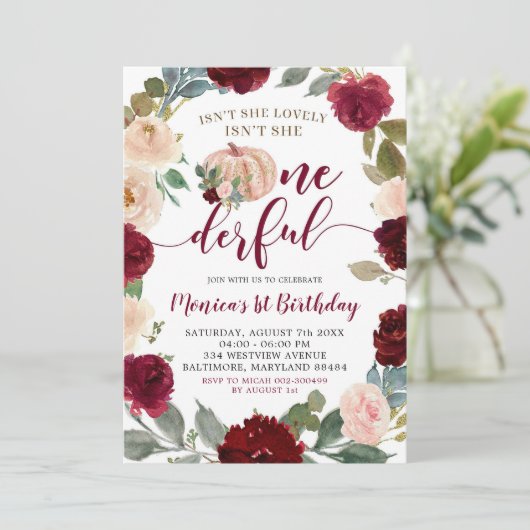 Boho Marsala Pumpkin Fall Onederful Birthday Einladung (Stehend Vorderseite)