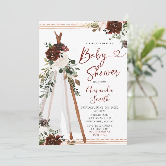 Boho Marsala Teepee Babydusche Einladung (Stehend Vorderseite)