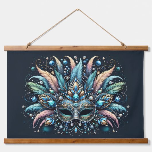 Boho-Masquerade-Federschmuckmaske Wandteppich Mit Holzrahmen (Vorne)