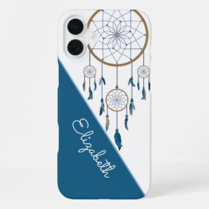 Boho Maßgeschneiderter Name Traumfänger Blau Weiße iPhone 16 Plus Hülle