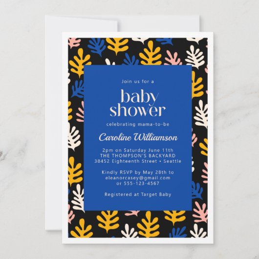 Boho Matisse Botanical Blue and Black Baby Shower Einladung (Vorderseite)