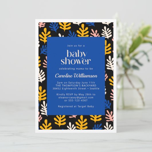 Boho Matisse Botanical Blue and Black Baby Shower Einladung (Stehend Vorderseite)