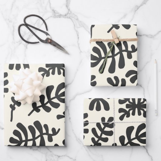 Boho Matisse Botanical Shapes Schwarz-weiß Geschenkpapier Set (Vorderseite)