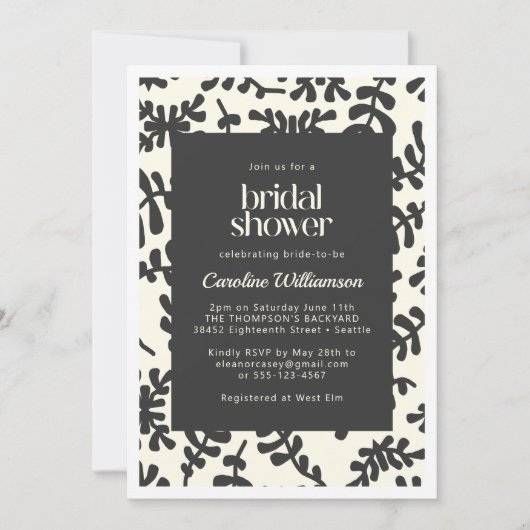 Boho Matisse Botanisches Schwarz-weißes Brautparty Einladung (Vorderseite)