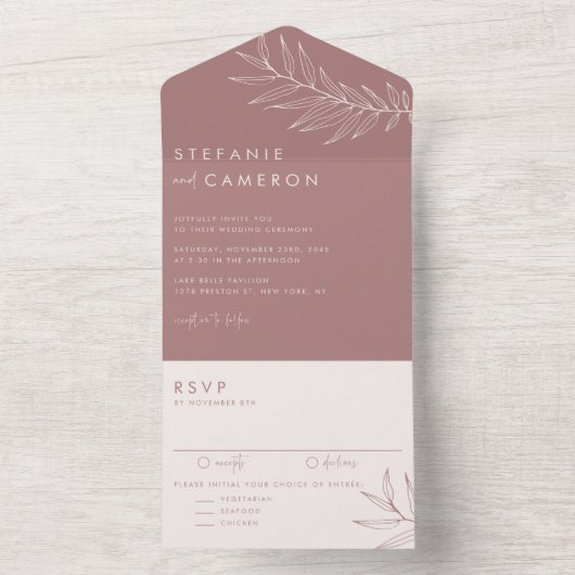 Boho Mauve Minimalistisch Foliage Wedding All In One Einladung (Innen Boden)
