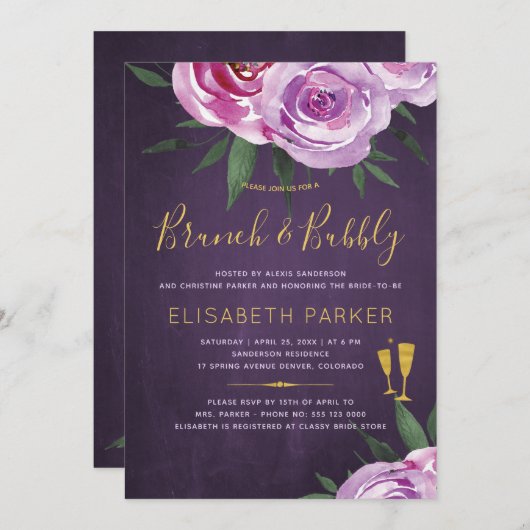 Boho mauve peonies lila Pflaumenbrunch und -blase Einladung (Vorne/Hinten)