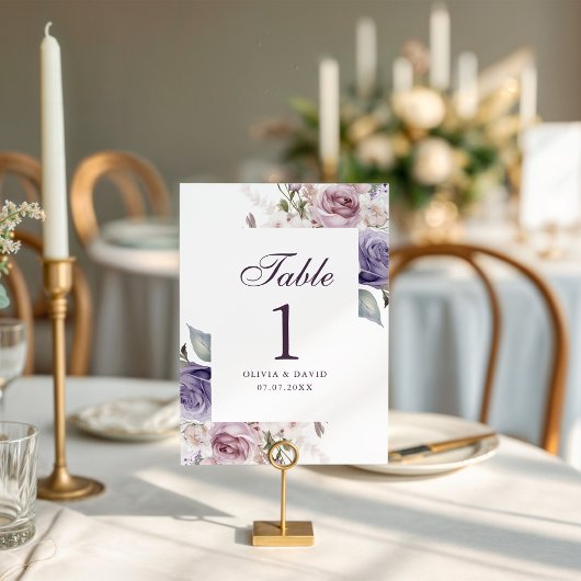 Boho Mauve und Lilac Floral Wedding Tischnummer