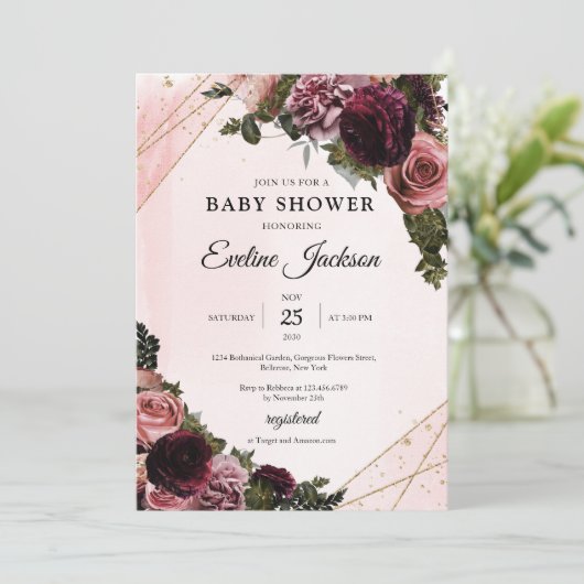 Boho Mauve und Maroon Blume Goldrahmen rustikal Einladung (Stehend Vorderseite)