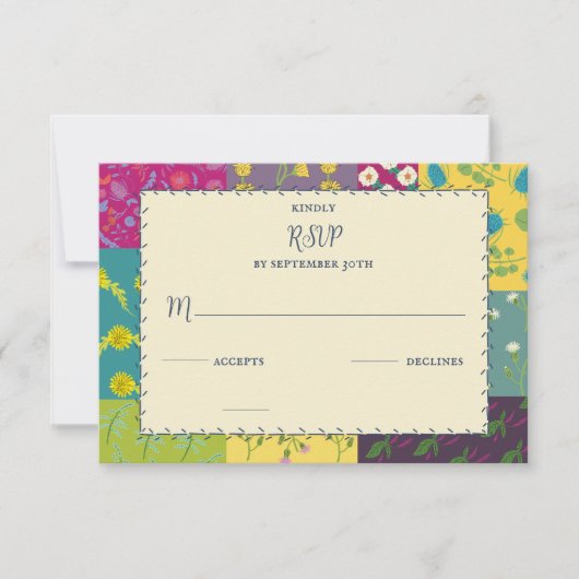 Boho Maximalist Patchwork Quilt Wedding RSVP Karte (Vorderseite)