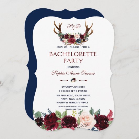 Boho Merlot Floral Antlers Junggeselinnen-Abschied Einladung (Vorne/Hinten)